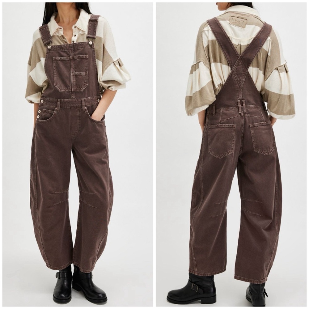 NWOT Free People We The Free Good Luck Barrel Overalls - chocolate mousse - L